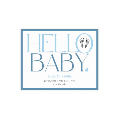 Baby footprint announcement card with 'Hello Baby' text and footprints on a white background