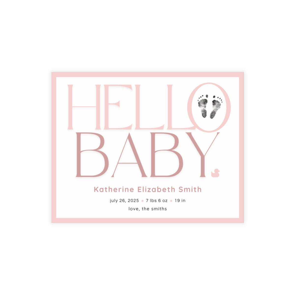 Baby footprint announcement card with 'Hello Baby' text and footprints on a white background