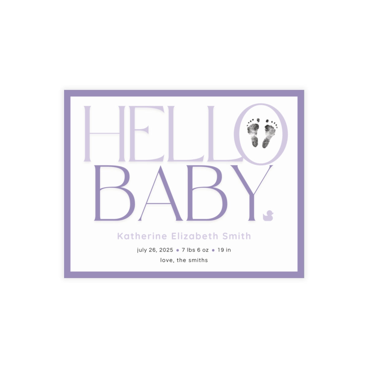 Baby footprint announcement card with 'Hello Baby' text and footprints on a white background