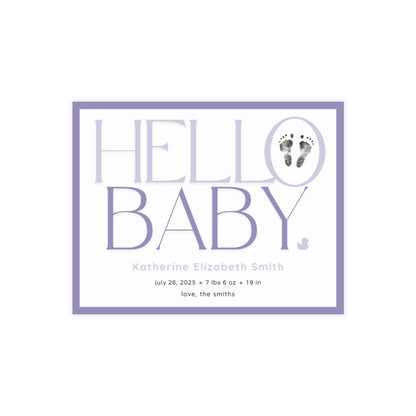 Baby footprint announcement card with 'Hello Baby' text and footprints on a white background
