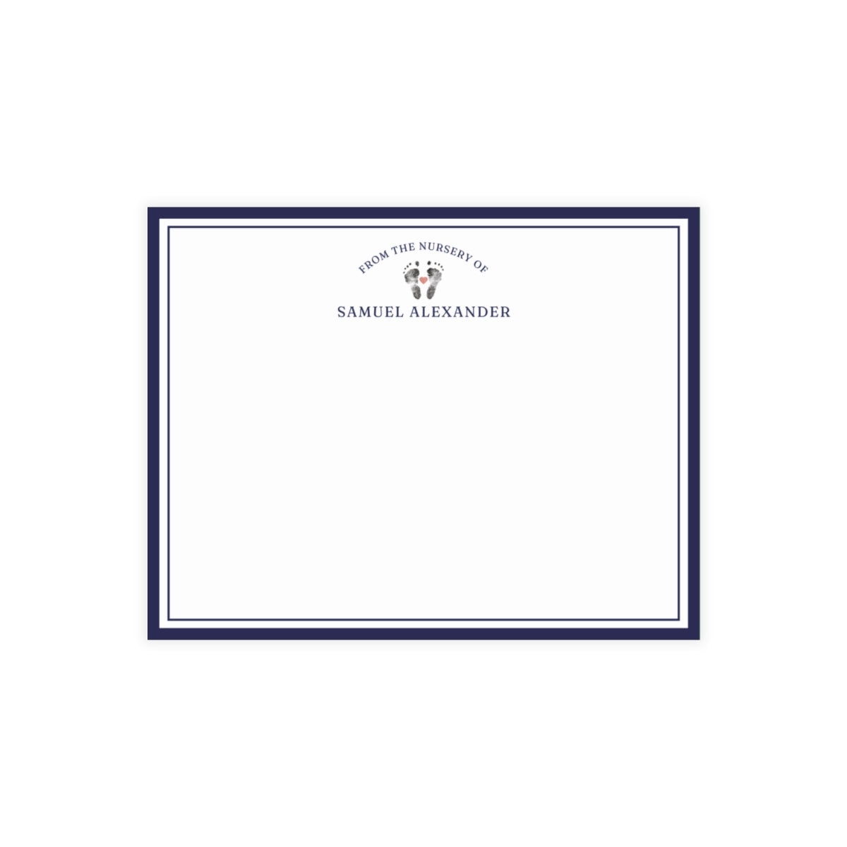 White card with baby footprints, blue border and text on a white background