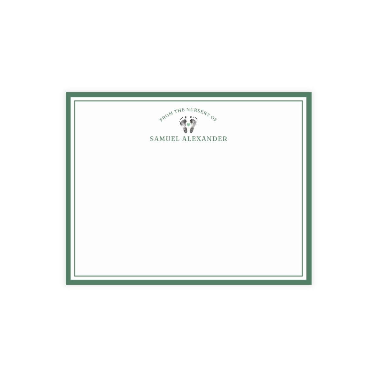 White card with baby footprints, green border and text on a white background