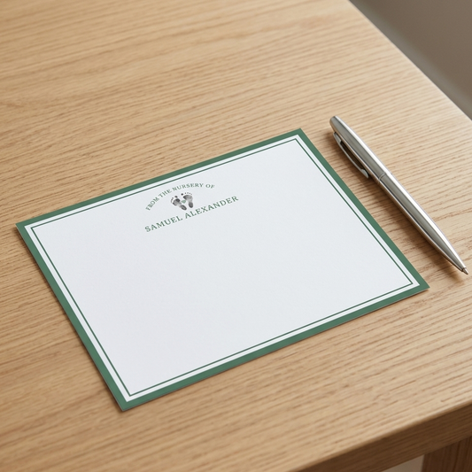 White card with baby footprints, green border and text on a white background