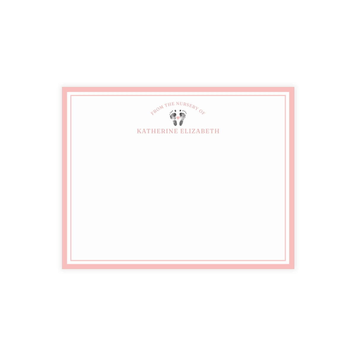 White card with baby footprints, pink border and text on a white background
