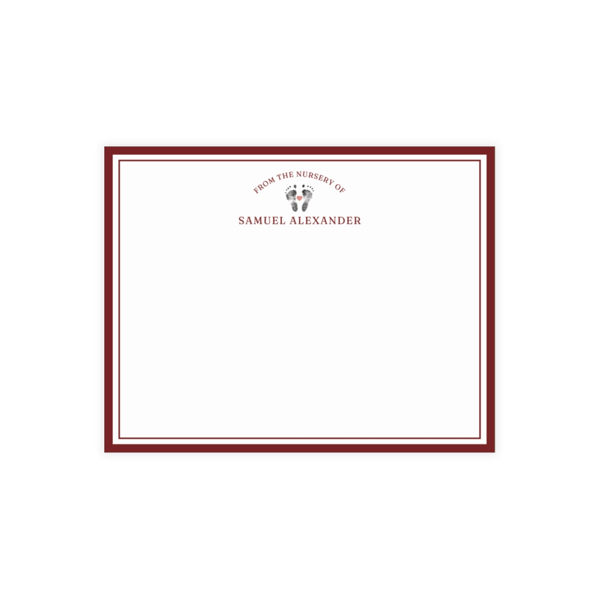 White card with baby footprints, red border and text on a white background