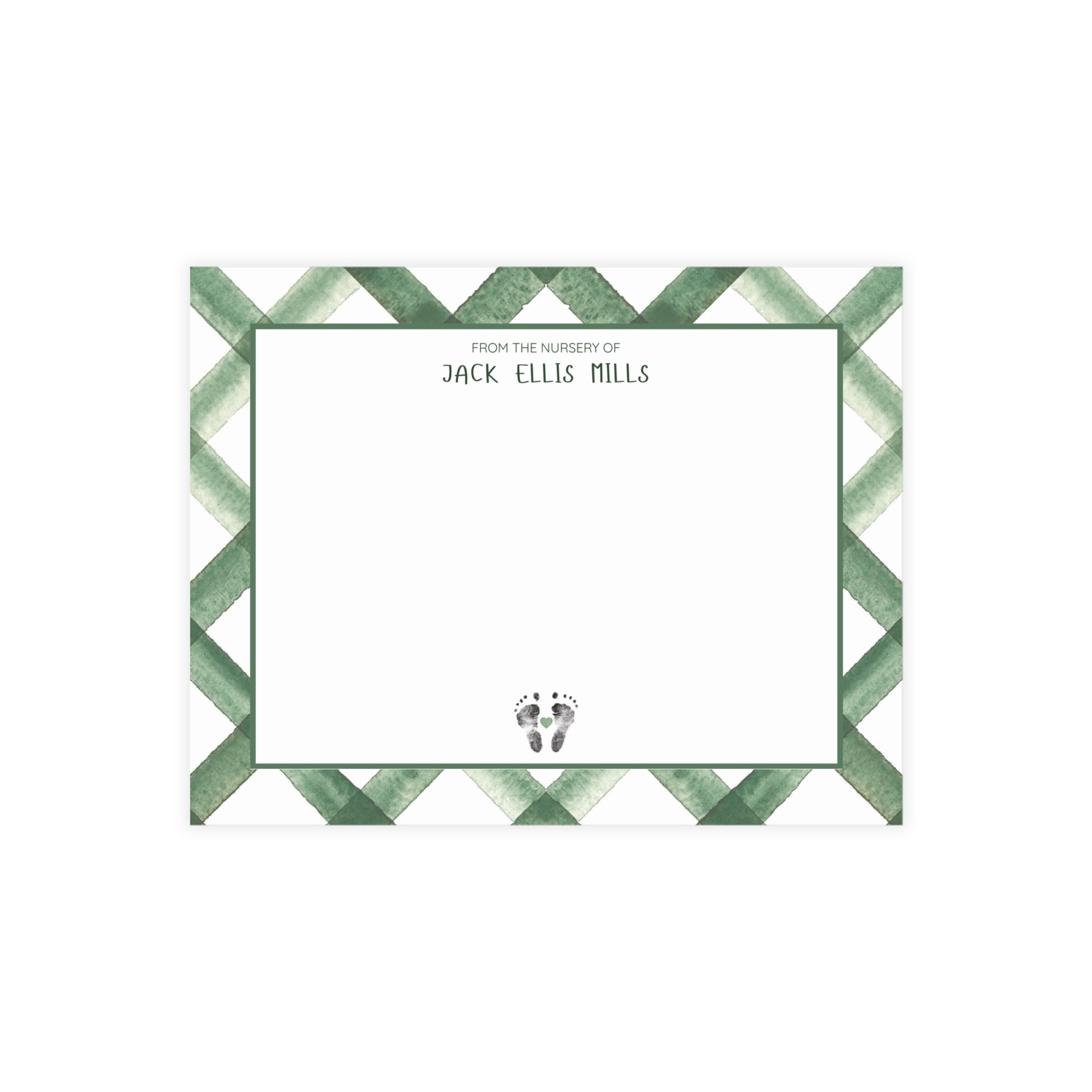 Note card with green and white checkered border and text 'From the Nursery of Jack Ellis Mills' and baby footprints.