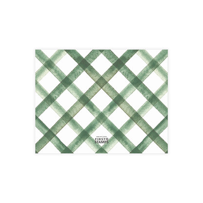 Green and white checkered pattern on a white background with 'FIRST STAMPS' branding.