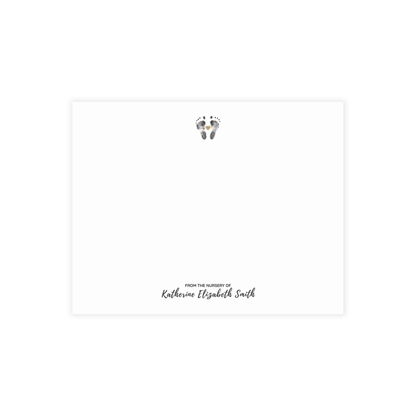Note card with baby footprints and text 'From the nursery of Katherine Elizabeth Smith' on a white background