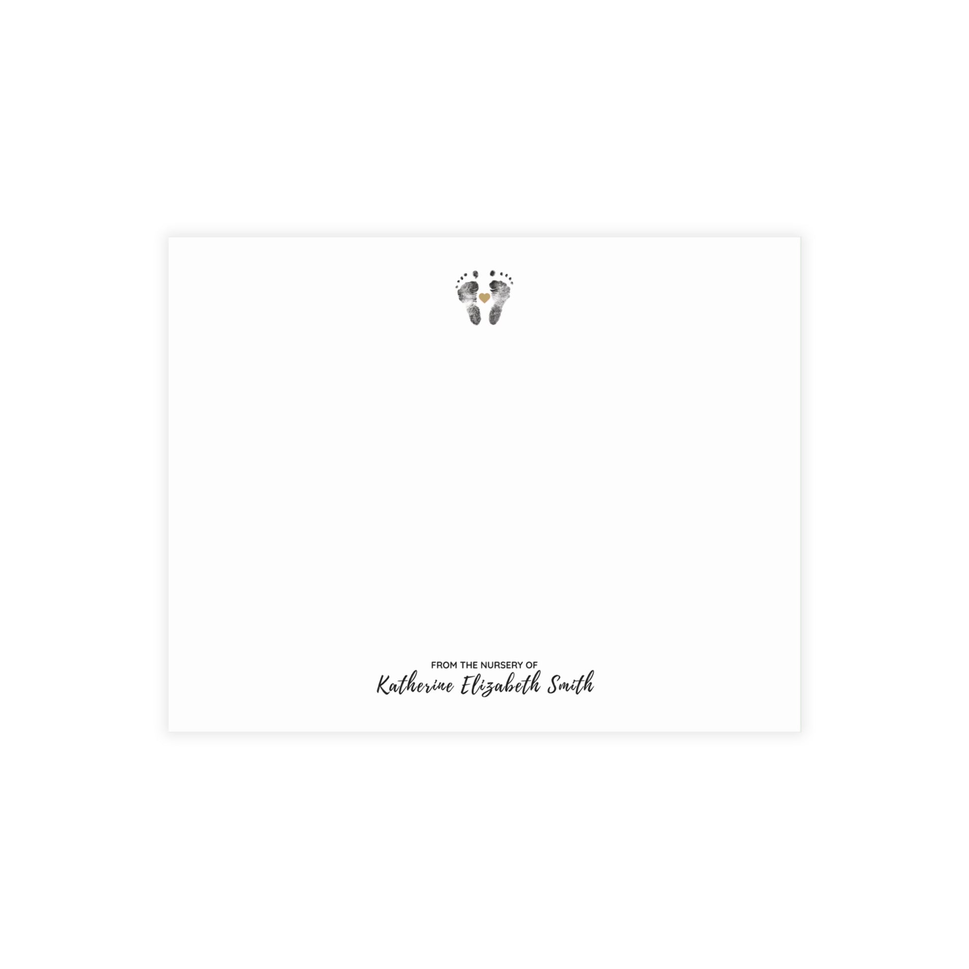Note card with baby footprints and text 'From the nursery of Katherine Elizabeth Smith' on a white background