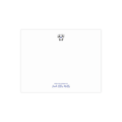 White card with baby footprints and 'From the Nurseries of Jack Ellis Mills' text on a white background