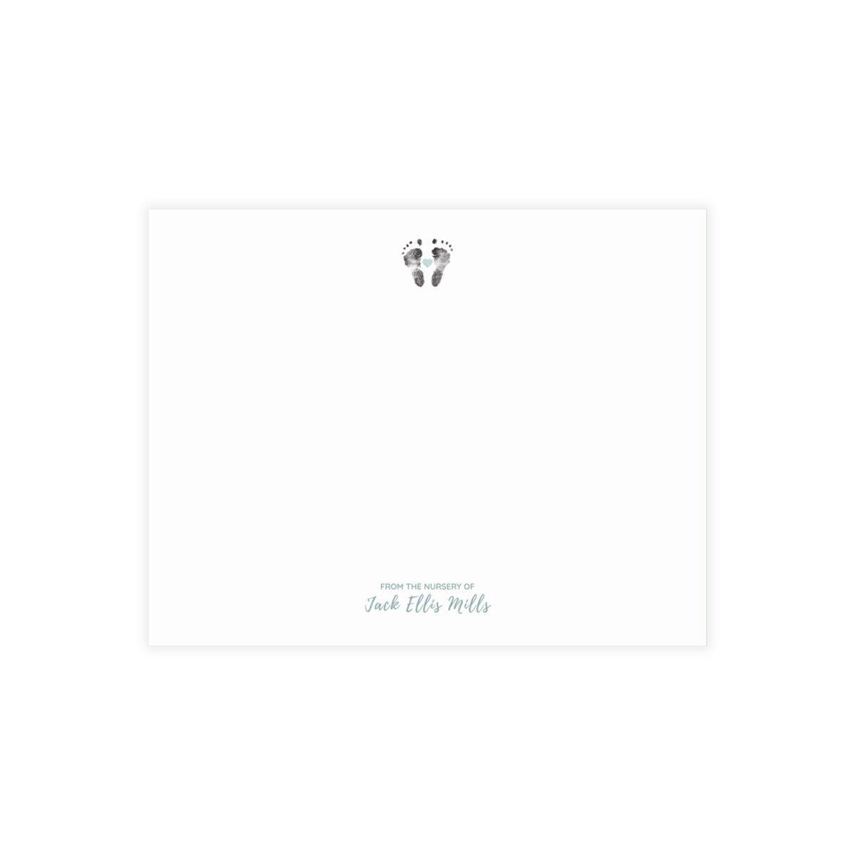 Note card with baby footprints and text on a white background