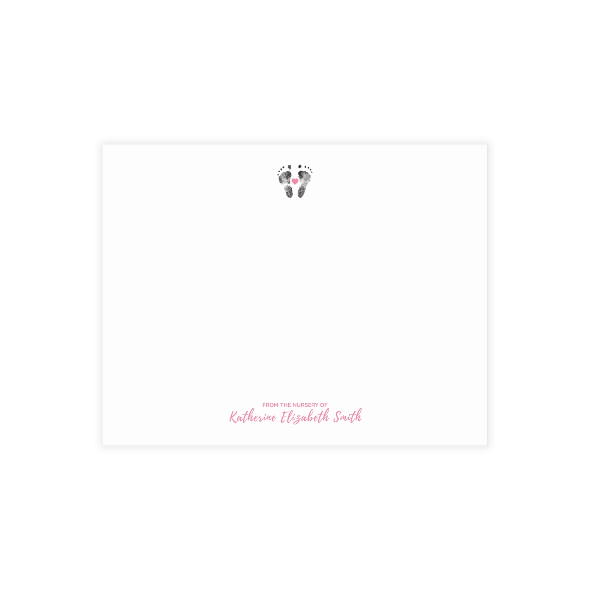 Baby footprints on a white background with 'Katherine Elizabeth Smith' text.