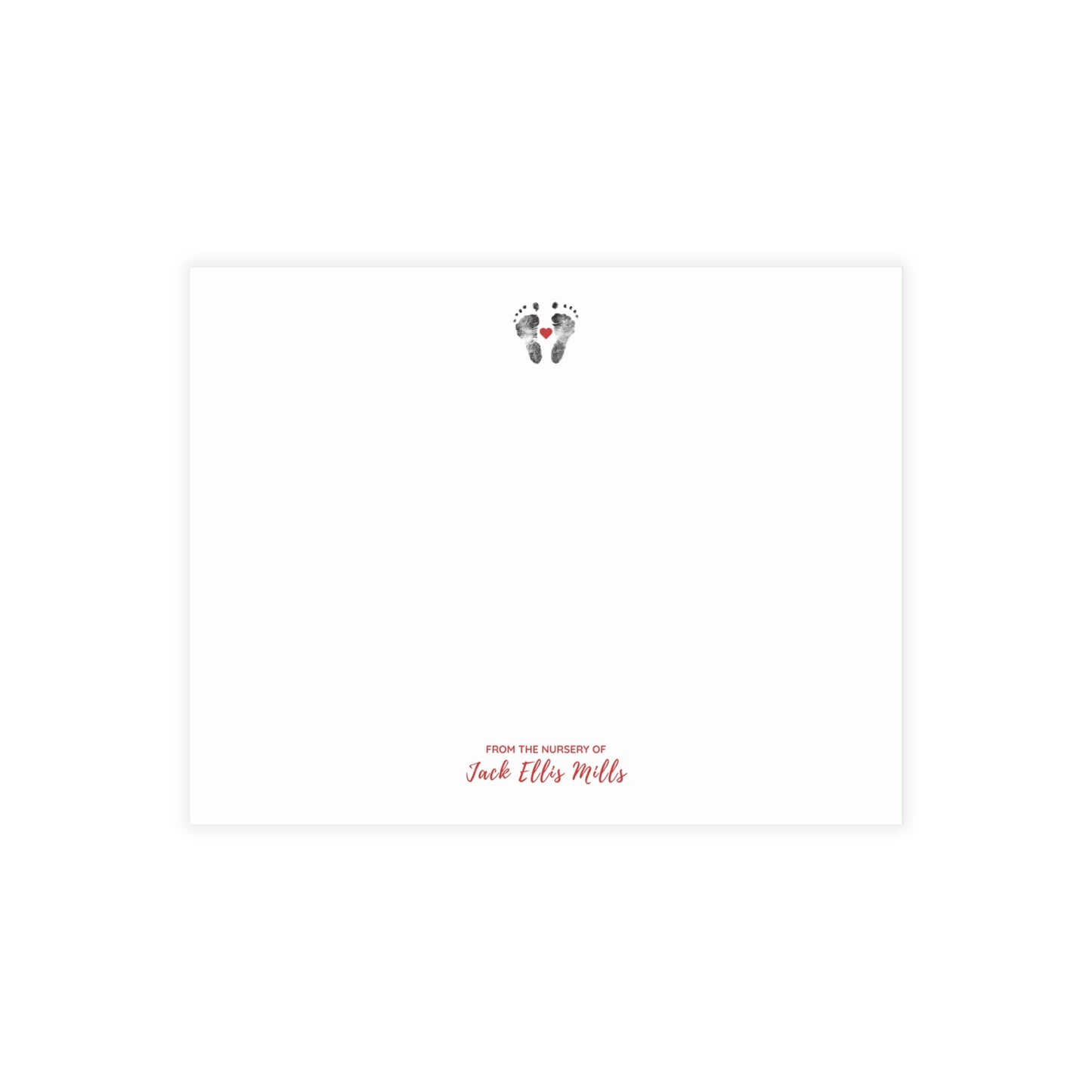 White card with baby footprints and 'From the Nursery of Jack Ellis Mills' text on a white background