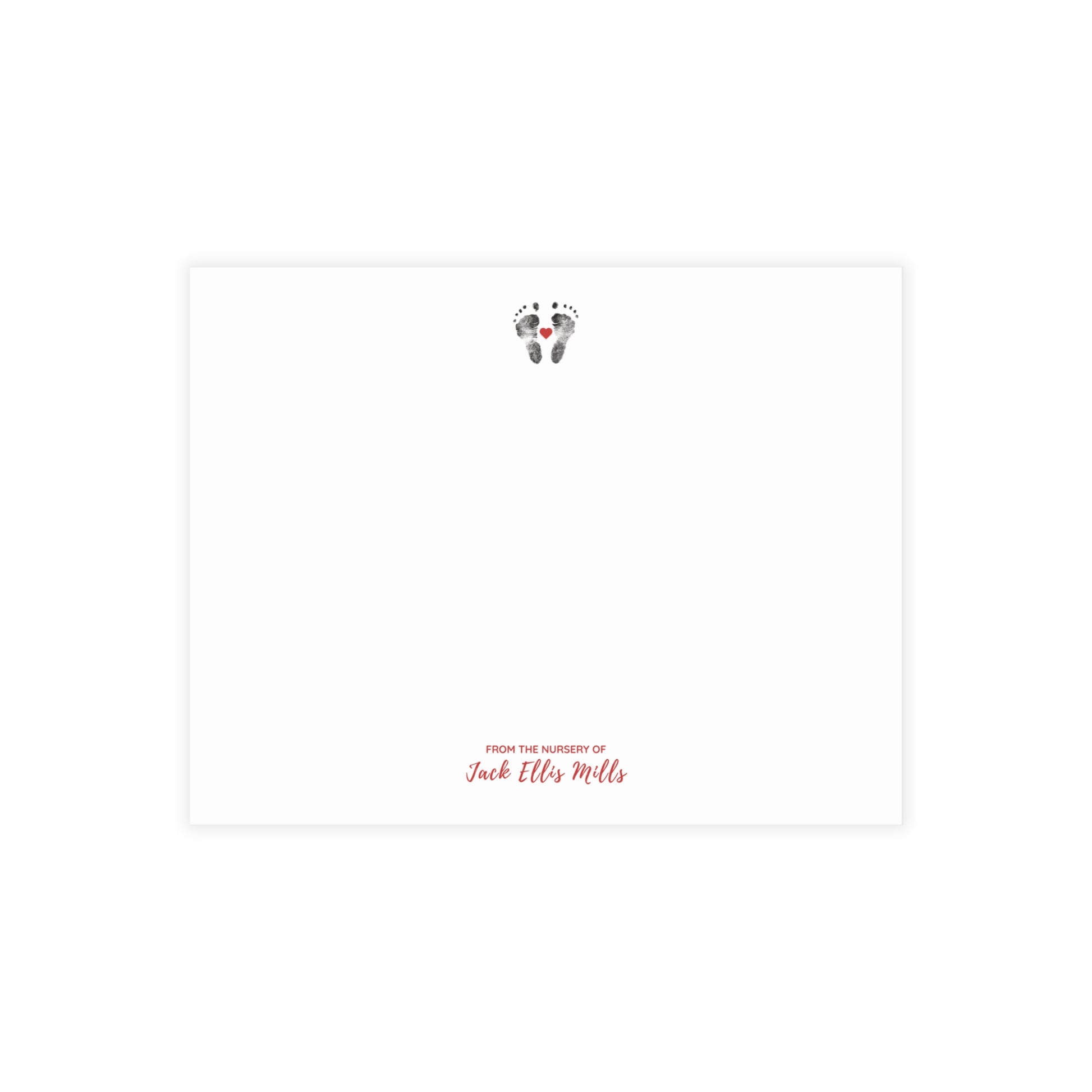 White card with baby footprints and 'From the Nursery of Jack Ellis Mills' text on a white background