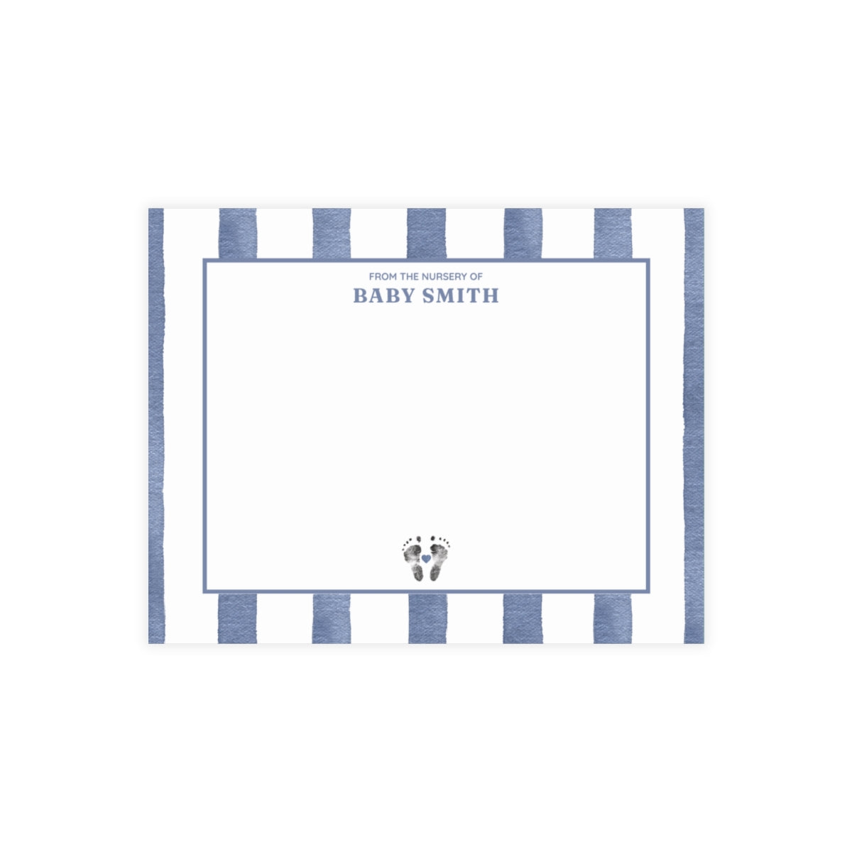 White card with baby footprints, blue and white striped border and text.