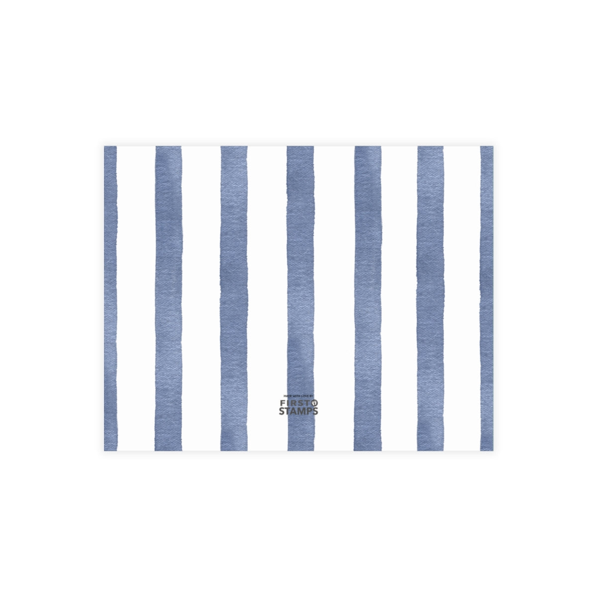 Back of white card with blue and white stripes. First Stamps Logo.