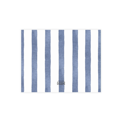 Back of white card with blue and white stripes. First Stamps Logo.