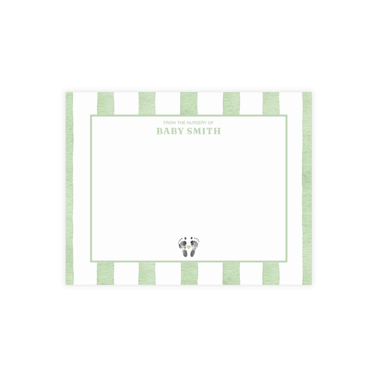 White card with baby footprints, green and white striped border and text.