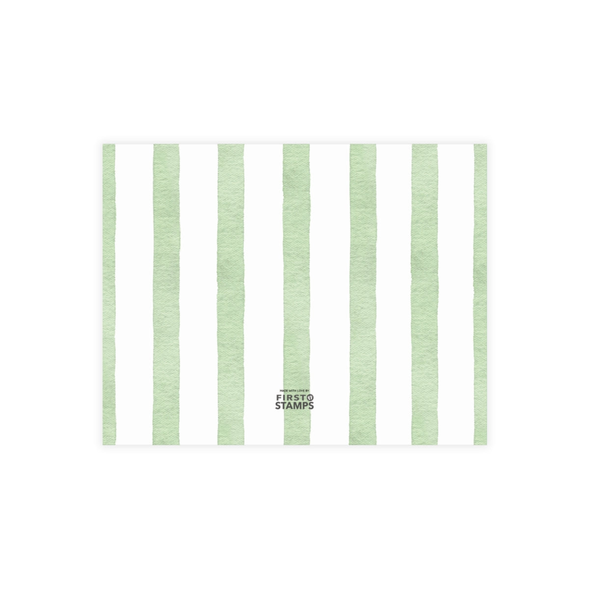 Back of white card with green and white stripes. First Stamps Logo.