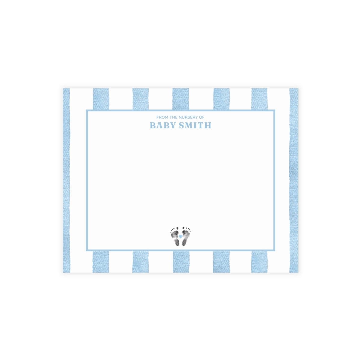 White card with baby footprints, light blue and white striped border and text.