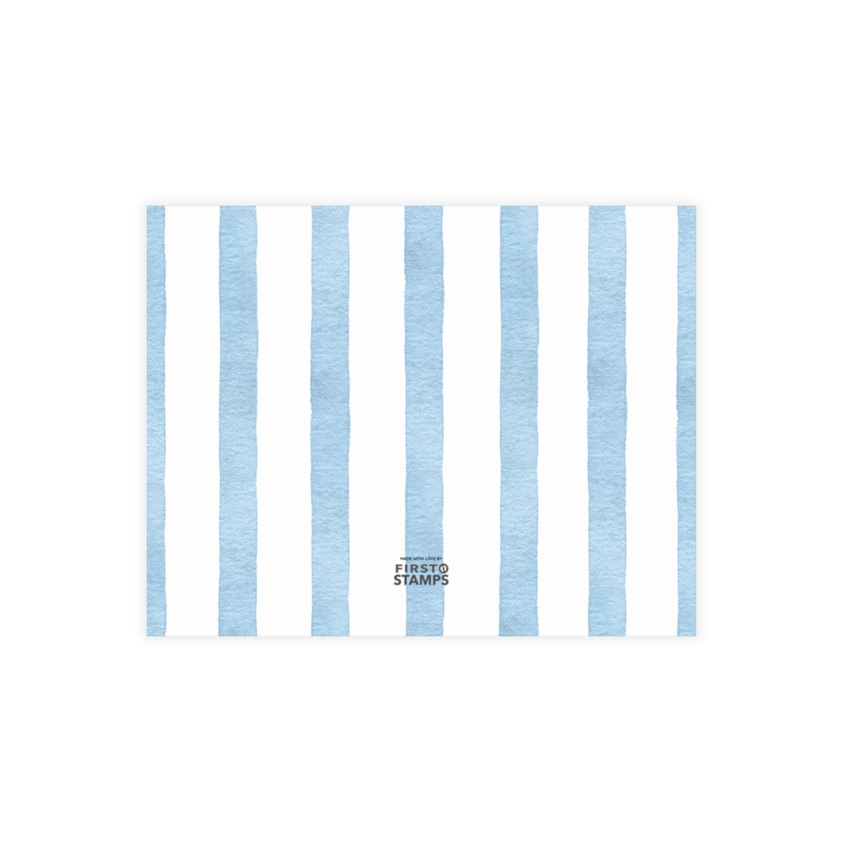 Back of white card with light blue and white stripes. First Stamps Logo.