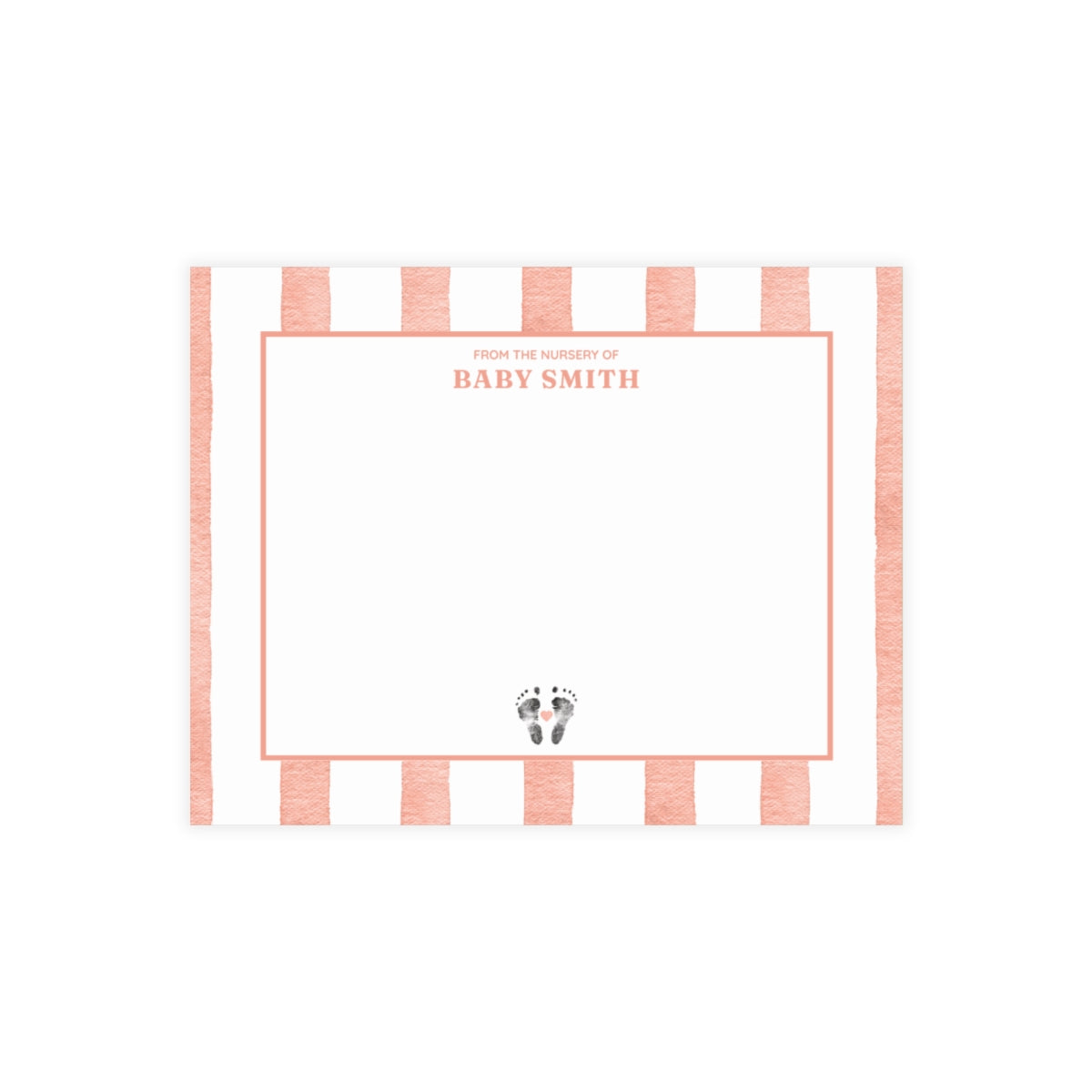 White card with baby footprints, orange and white striped border and text.