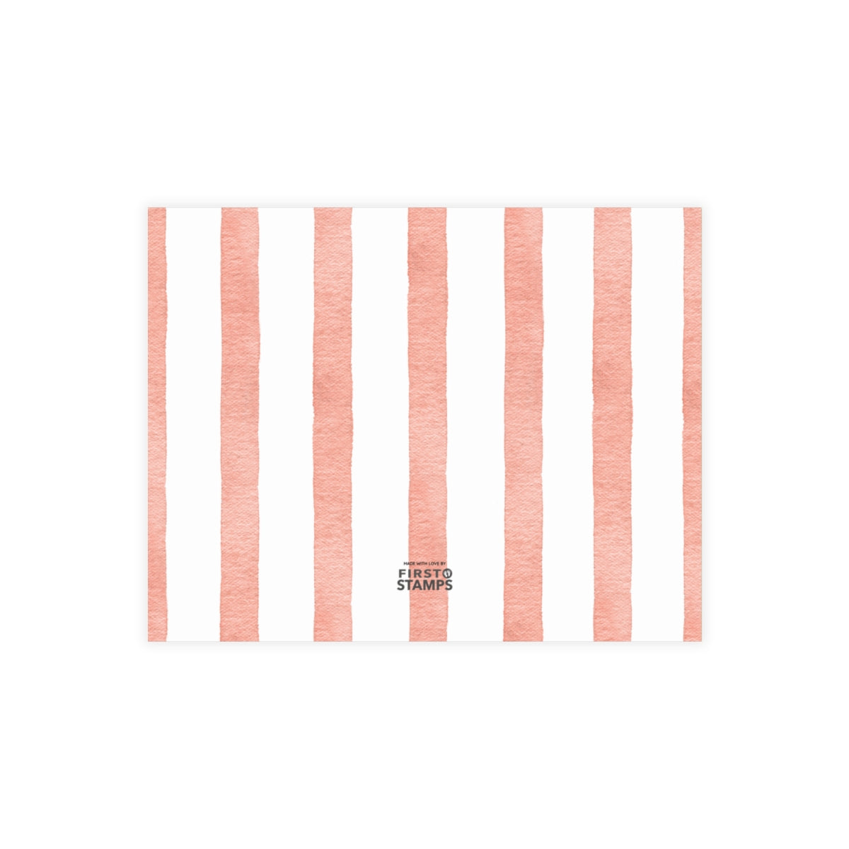 Back of white card with orange and white stripes. First Stamps Logo.