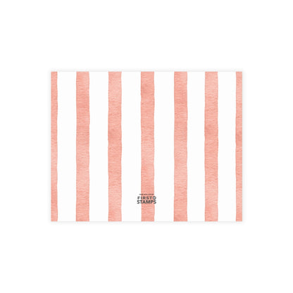 Back of white card with orange and white stripes. First Stamps Logo.