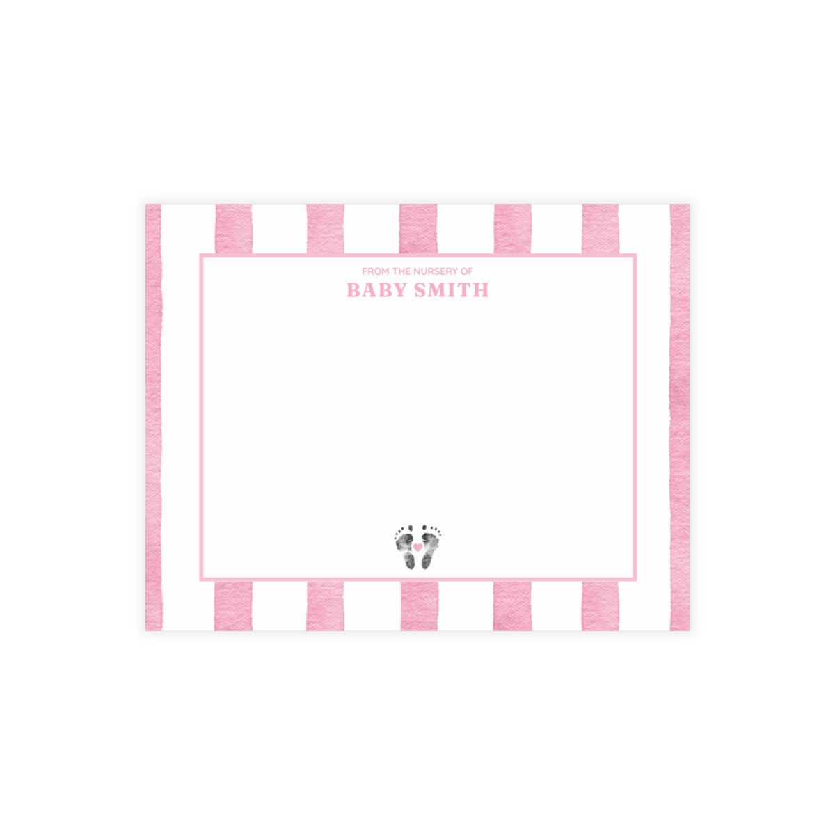 White card with baby footprints, pink and white striped border and text.