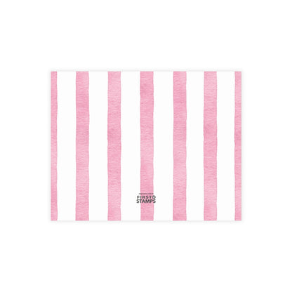 Back of white card with pink and white stripes. First Stamps Logo.