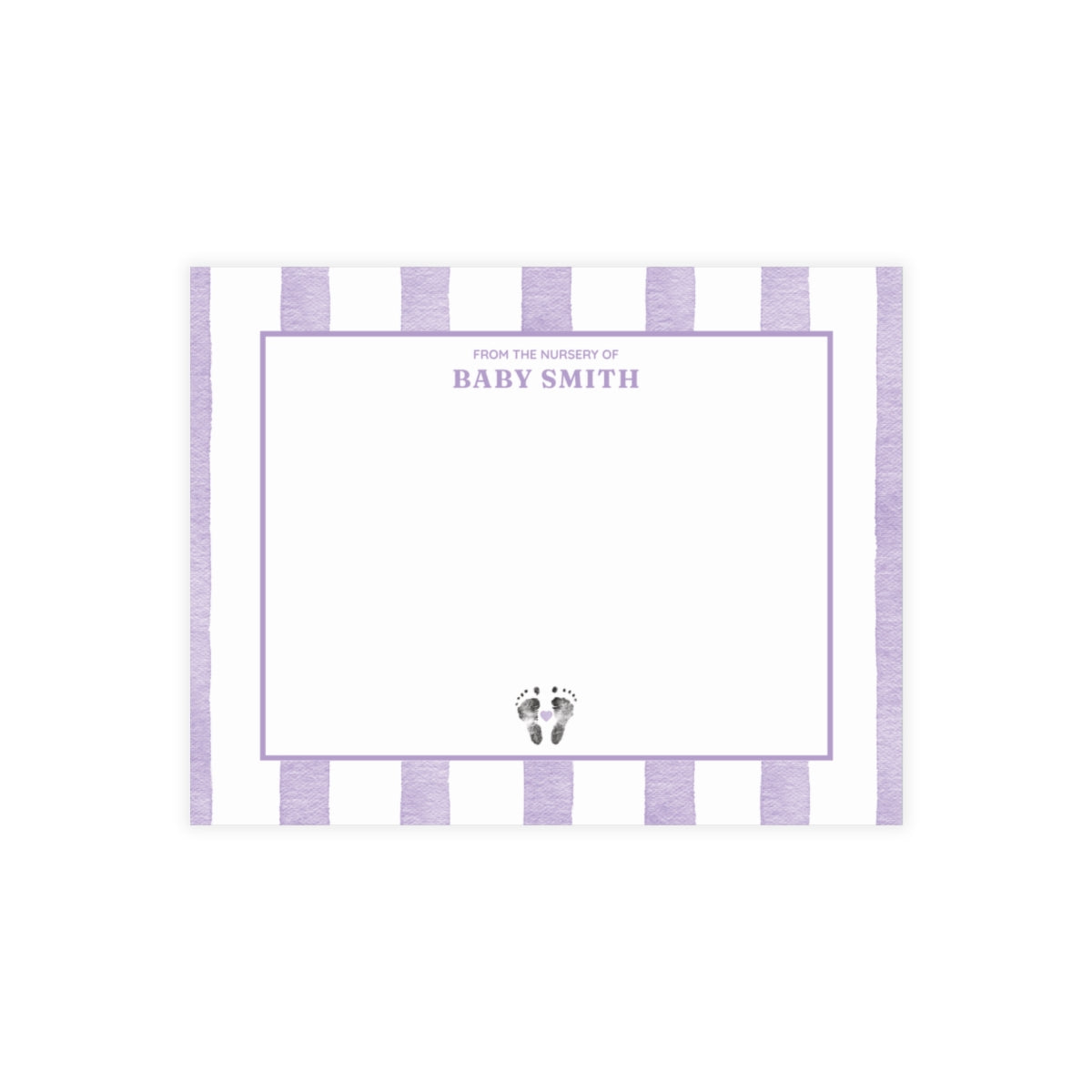 White card with baby footprints, orange and white striped border and text.