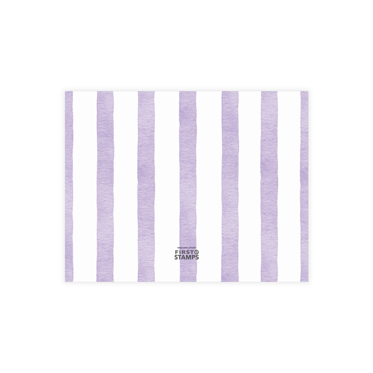 Back of white card with purple and white stripes. First Stamps Logo.