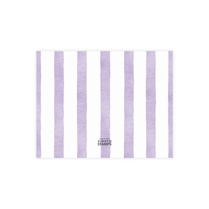 Back of white card with purple and white stripes. First Stamps Logo.
