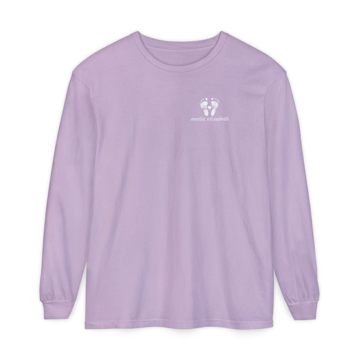 Orchid long-sleeve shirt with a baby footprint logo on the chest.