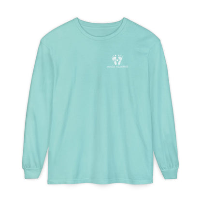 Chalky mint long-sleeve shirt with a baby footprint logo on the chest.
