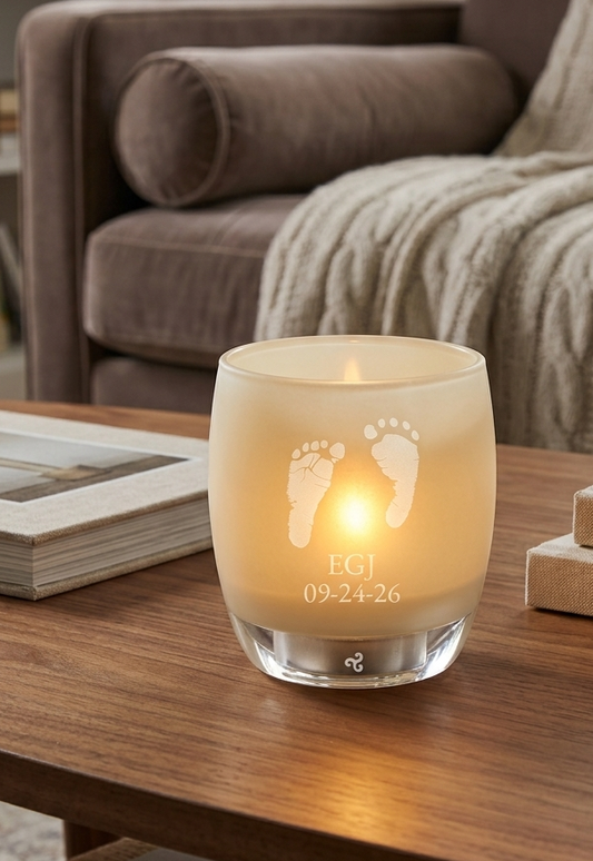 Glass candle holder with footprints on a wooden table in a cozy living room.