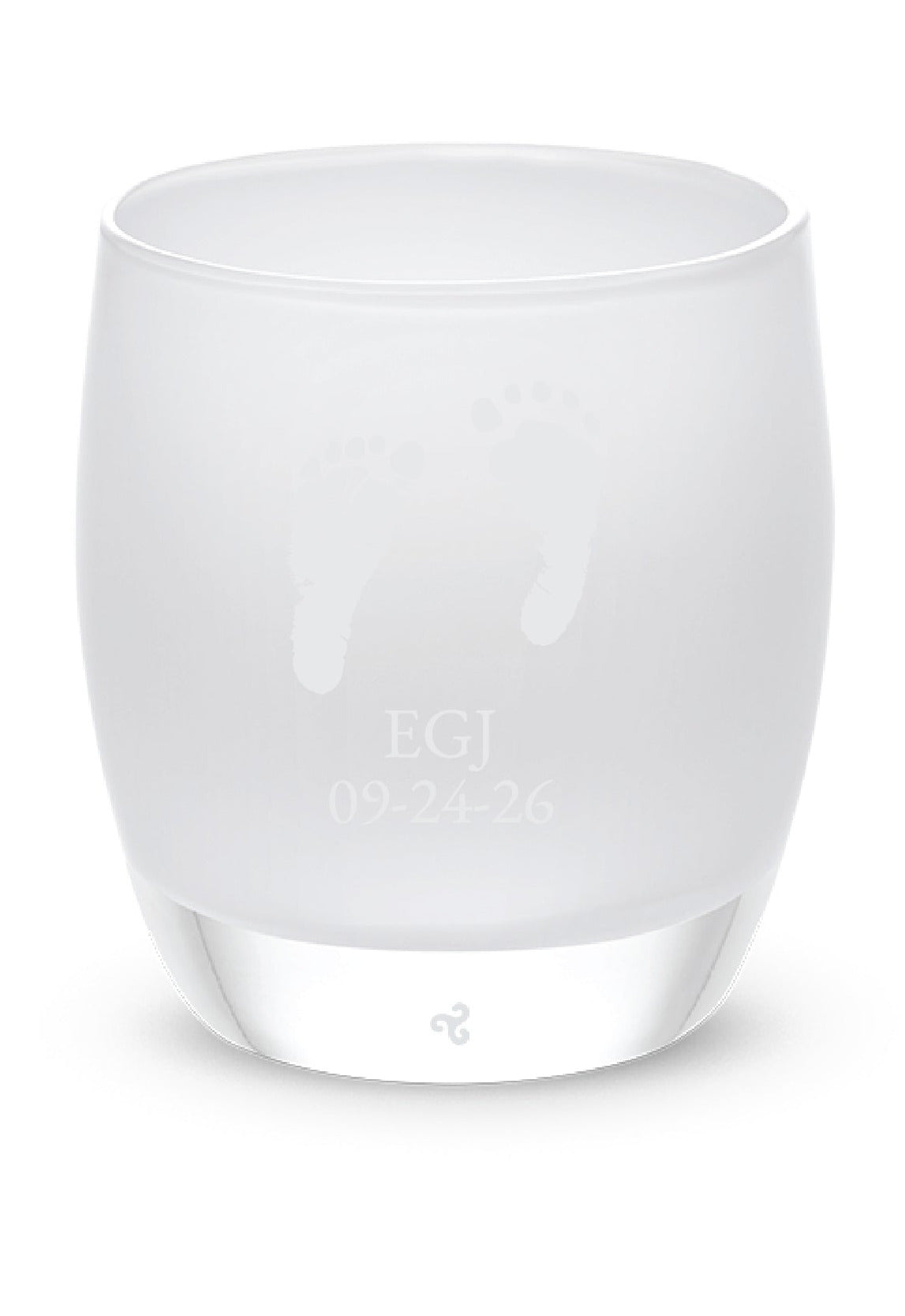 Glassybaby tea light holder with etched logo on a white background