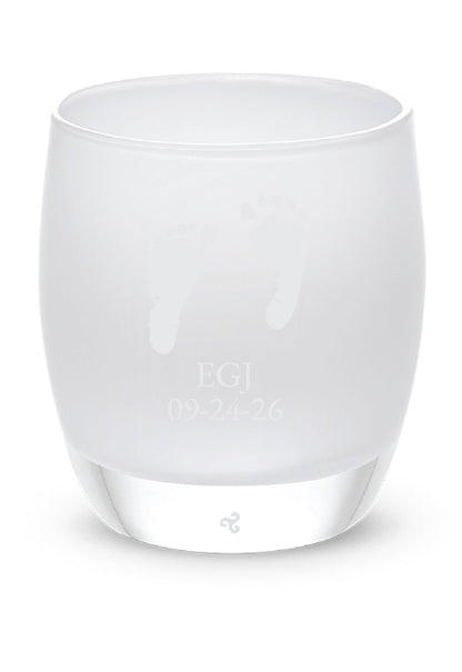 Glassybaby tea light holder with etched logo on a white background