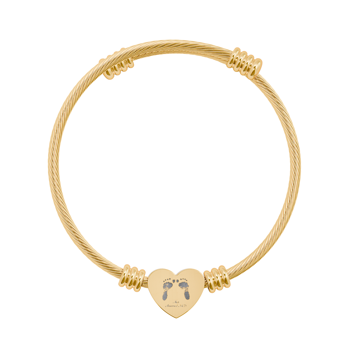 Gold bracelet with a heart-shaped charm featuring footprints on a white background