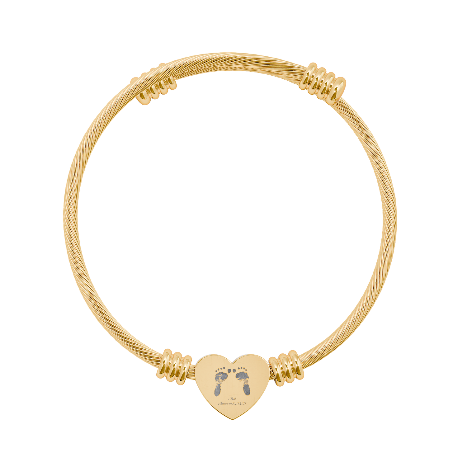 Gold bracelet with a heart-shaped charm featuring footprints on a white background