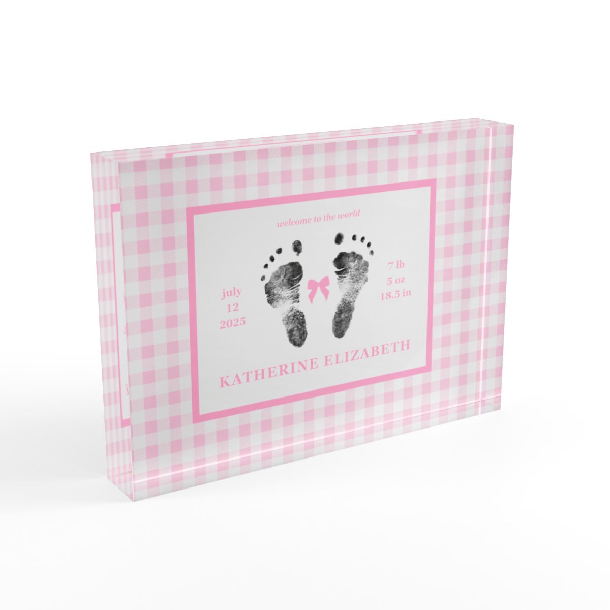 Pink acrylic block with  baby footprints and text_2.