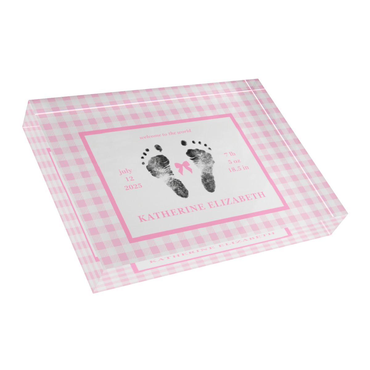 Pink acrylic block with  baby footprints and text_3