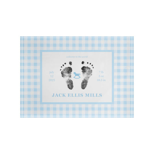 Blue acrylic block with  baby footprints and text.