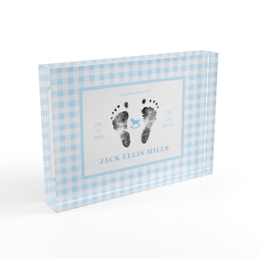 Blue acrylic block with  baby footprints and text_2.