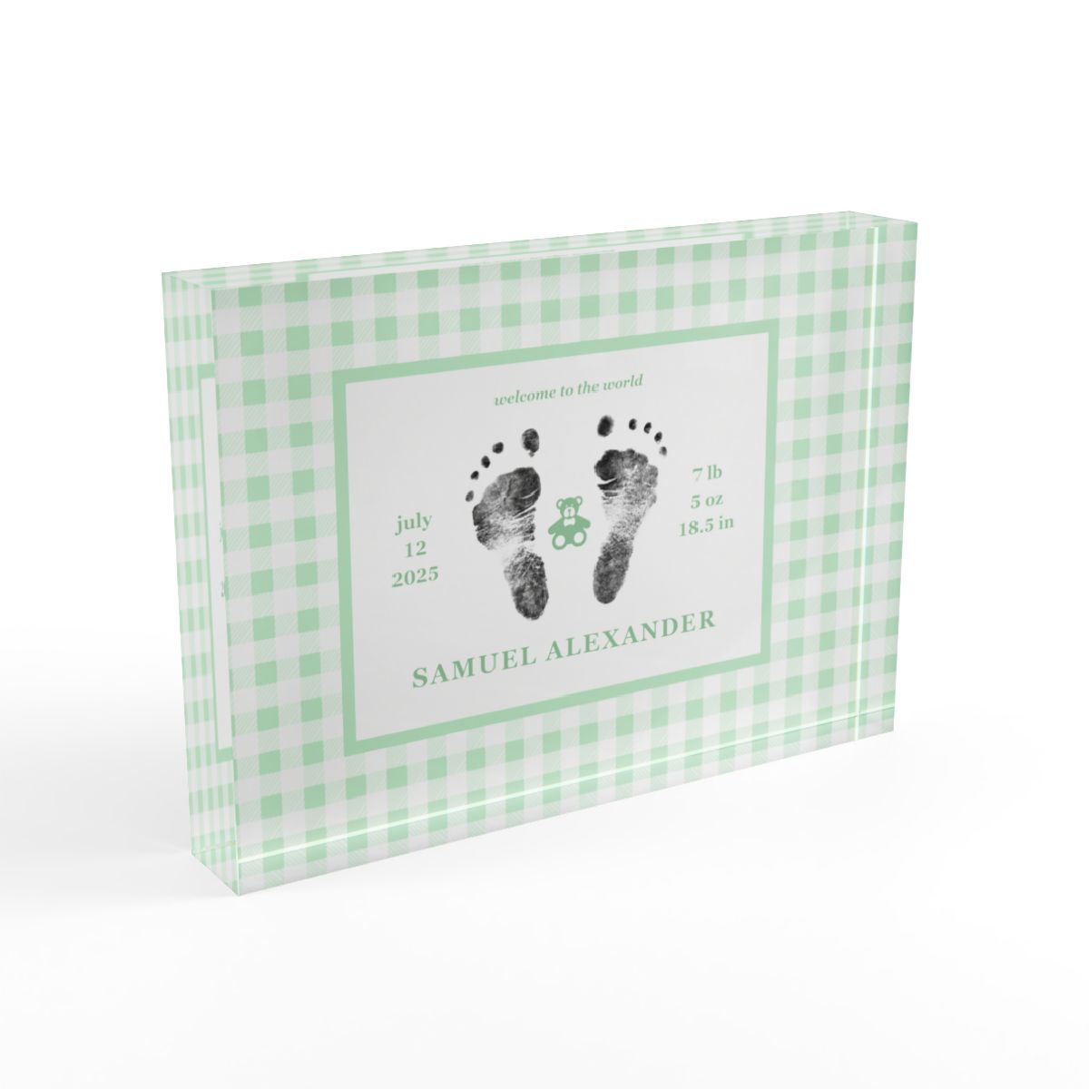 Green acrylic block with  baby footprints and text_2.