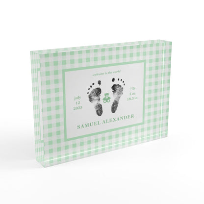 Green acrylic block with  baby footprints and text_2.