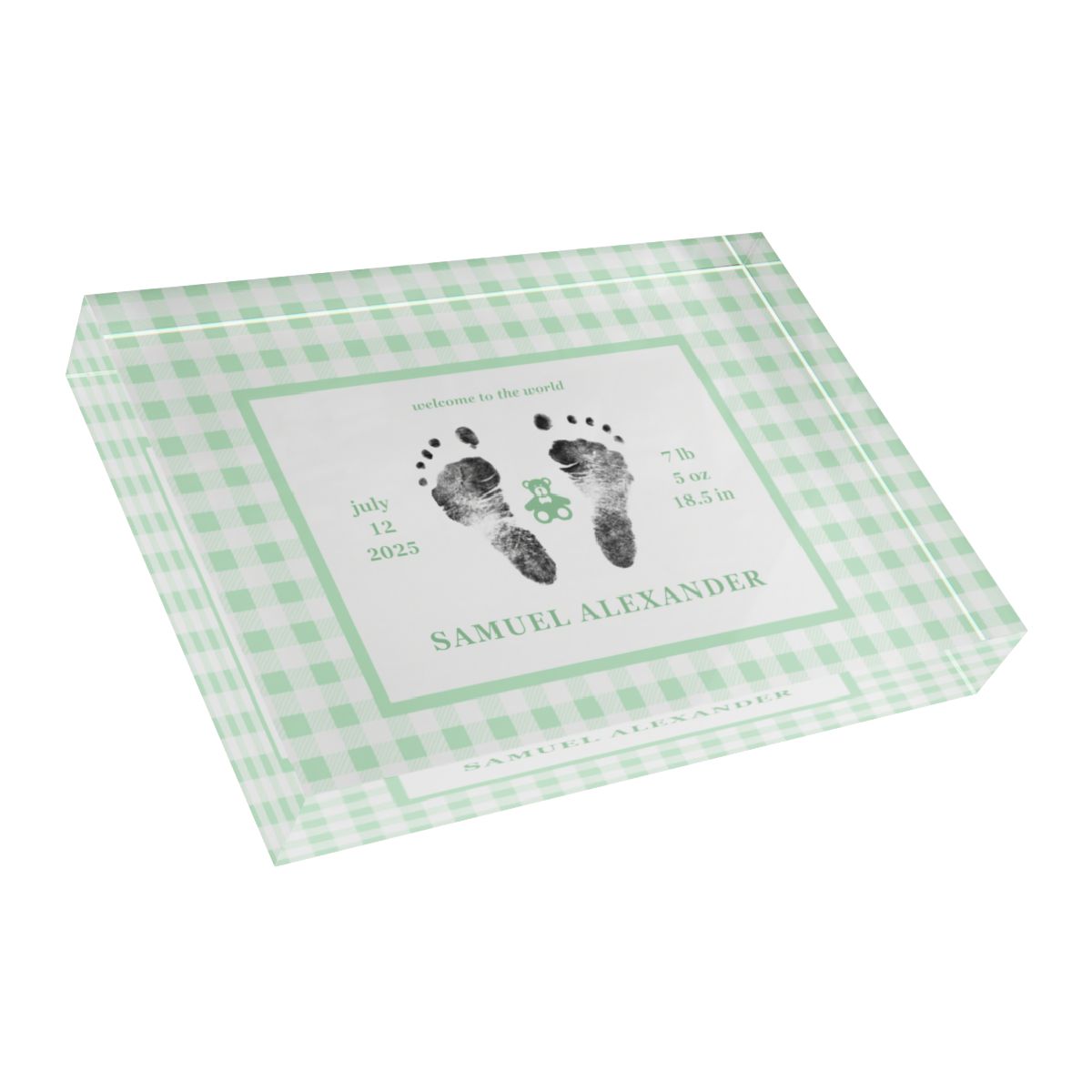 Green acrylic block with  baby footprints and text_3