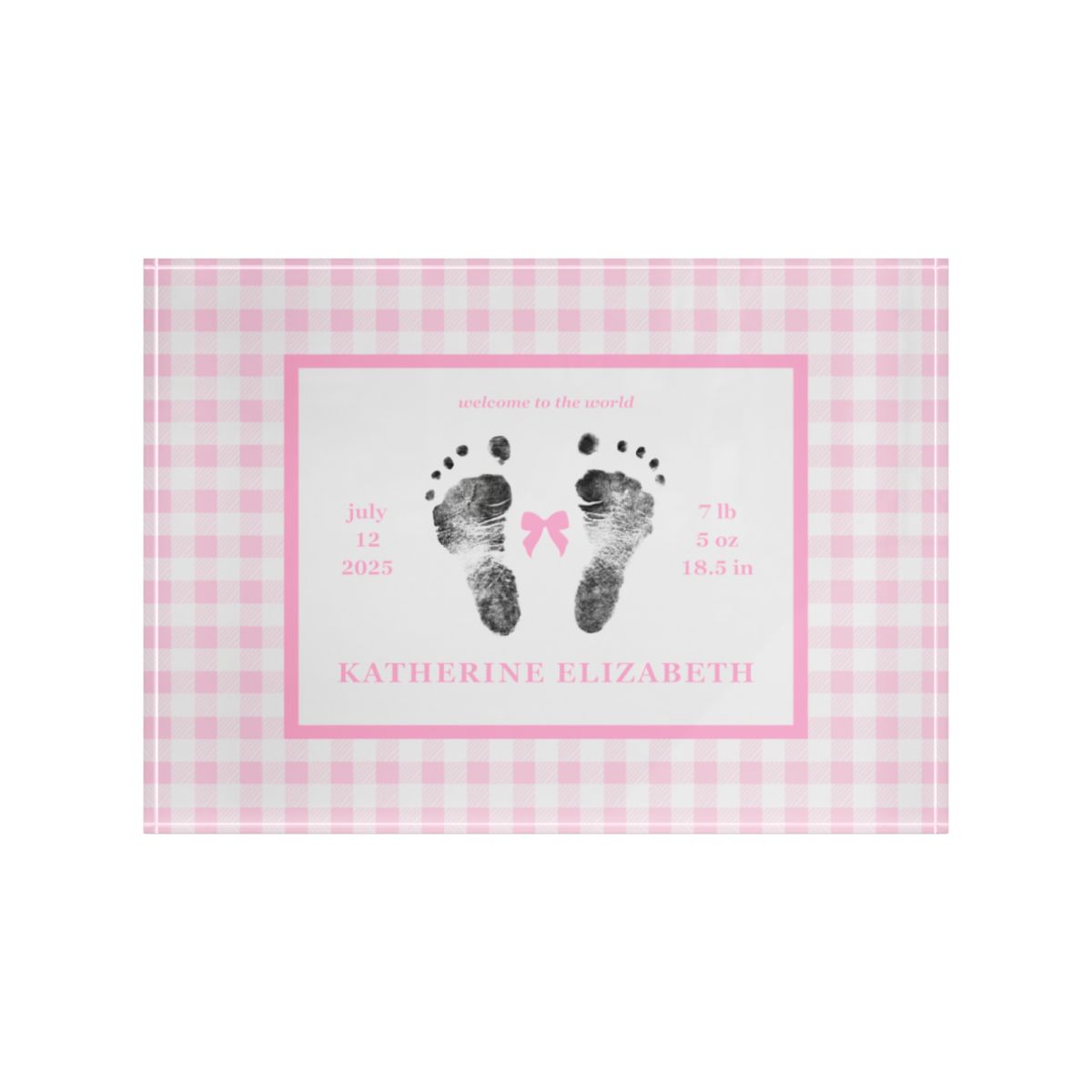 Pink acrylic block with  baby footprints and text.