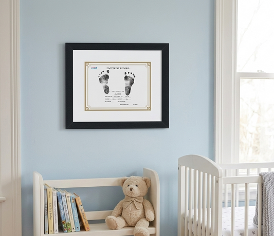 Framed baby footprint keepsake on a wall in a nursery with a teddy bear and books.
