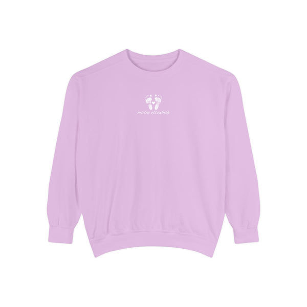 Orchid sweatshirt with a baby footprint logo